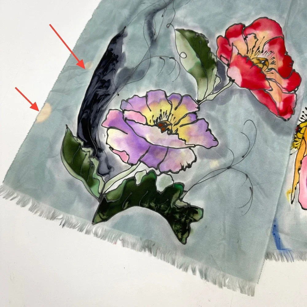 Hand Painted‎ Silk Scarf with Watercolor Floral & Abstract Print 11x44